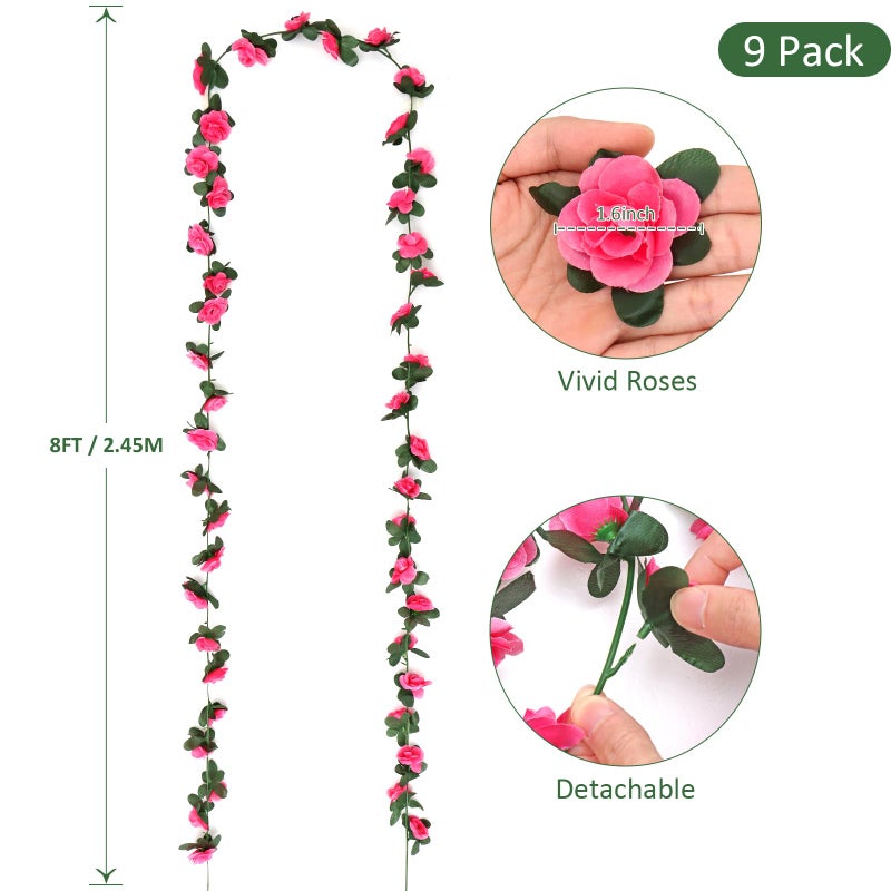 KHOYIME 9 Pack 72 FT Artificial Flower Garland, Fake Hot Pink Roses Vines Silk Flowers Faux Plastic Outdoor Hanging Floral Ivy Garland Decoration for Wedding Arch Bedroom Home Wall Backdrop Room Decor - Image 2