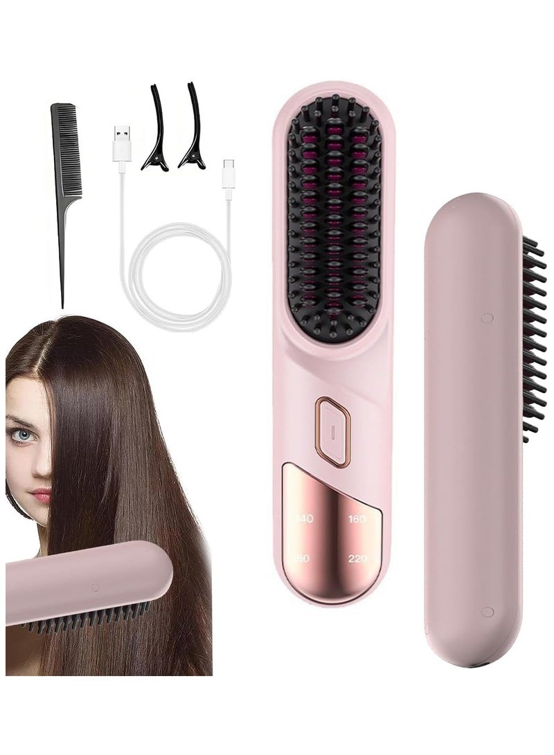 Cordless Hair Straightener Brush, Portable Hair Straightening Comb for Women, Negative Ions, USB Rechargeable, Mini and Lightweight Hair Straightener for Travel (Pink) - Image 1