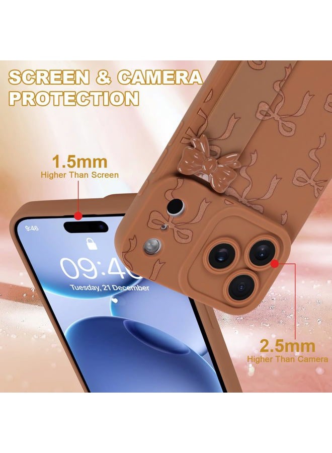 OOK Case for iPhone 17 Pro Max Case with Screen Protector, Cute Bow Design with Adjustable Wristband Strap Kickstand Slim Soft TPU Rubber for Women Girls Phone Cover-Brown - Image 4