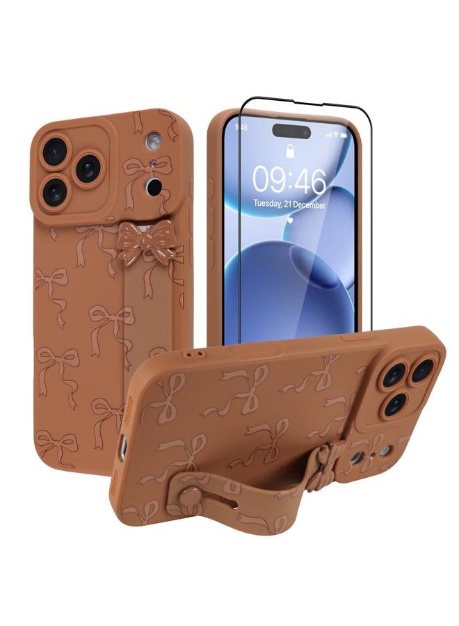 OOK Case for iPhone 17 Pro Max Case with Screen Protector, Cute Bow Design with Adjustable Wristband Strap Kickstand Slim Soft TPU Rubber for Women Girls Phone Cover-Brown - Image 2