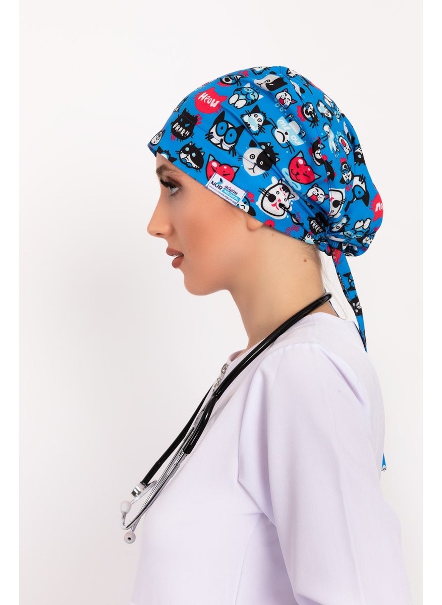 Nur Medikal Giyim Nur Medical Clothing Meow Cat Patterned Hijab Doctor Nurse Hospital Cook Surgical Cap  - Image 3