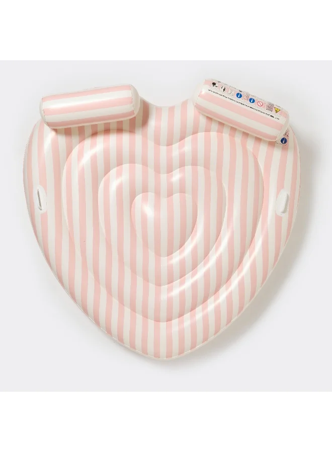 SUNNY LIFE Lie-On Inflatable Float for Kids – Oversized Summer Pool Lounger with Twin Heart Design – “Stole My Heart” Pink Stripe, Pool Essentials & Beach Accessories for Kids