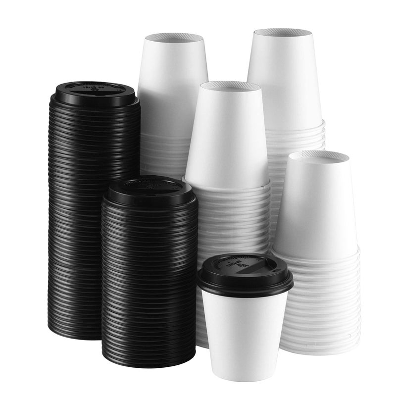 NYHI 200 Pack 10 oz White Paper Disposable Coffee Cups with Black Lids Hot Cold Beverage Drinking Cup for Water Juice Espresso Tea Ideal for Water Coolers Party - Image 1