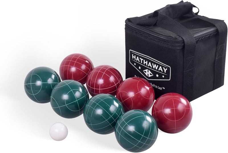 HATHAWAY Bocce Ball Set - Includes 8 3.5" Resin Bocce Balls, a 1.5" Pallino Ball, Official Rule Book, & Nylon Carrying Bag - Basic Bocce Ball Game Set for Beach Outings, Backyards, & More - Image 1