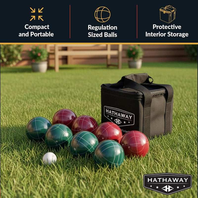 HATHAWAY Bocce Ball Set - Includes 8 3.5" Resin Bocce Balls, a 1.5" Pallino Ball, Official Rule Book, & Nylon Carrying Bag - Basic Bocce Ball Game Set for Beach Outings, Backyards, & More - Image 2