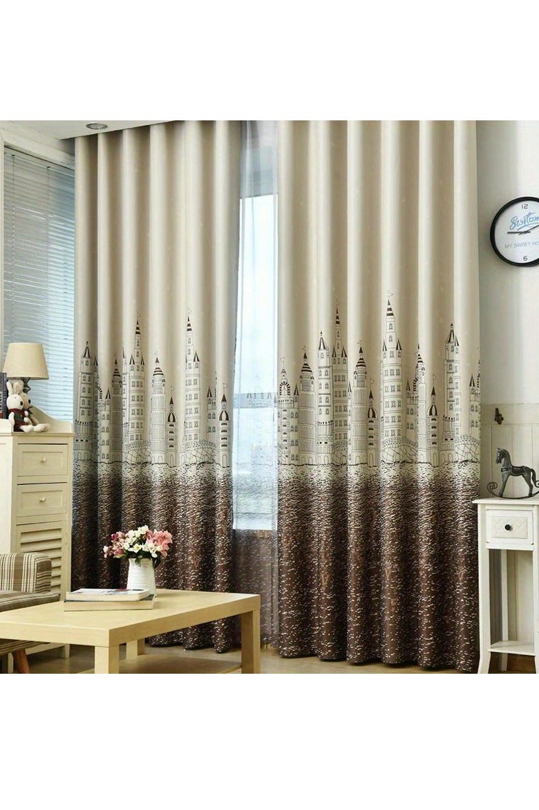 ستارة معتمة مطبوعة بقلعة، لون بني، 100 × 250 سم - Image 1