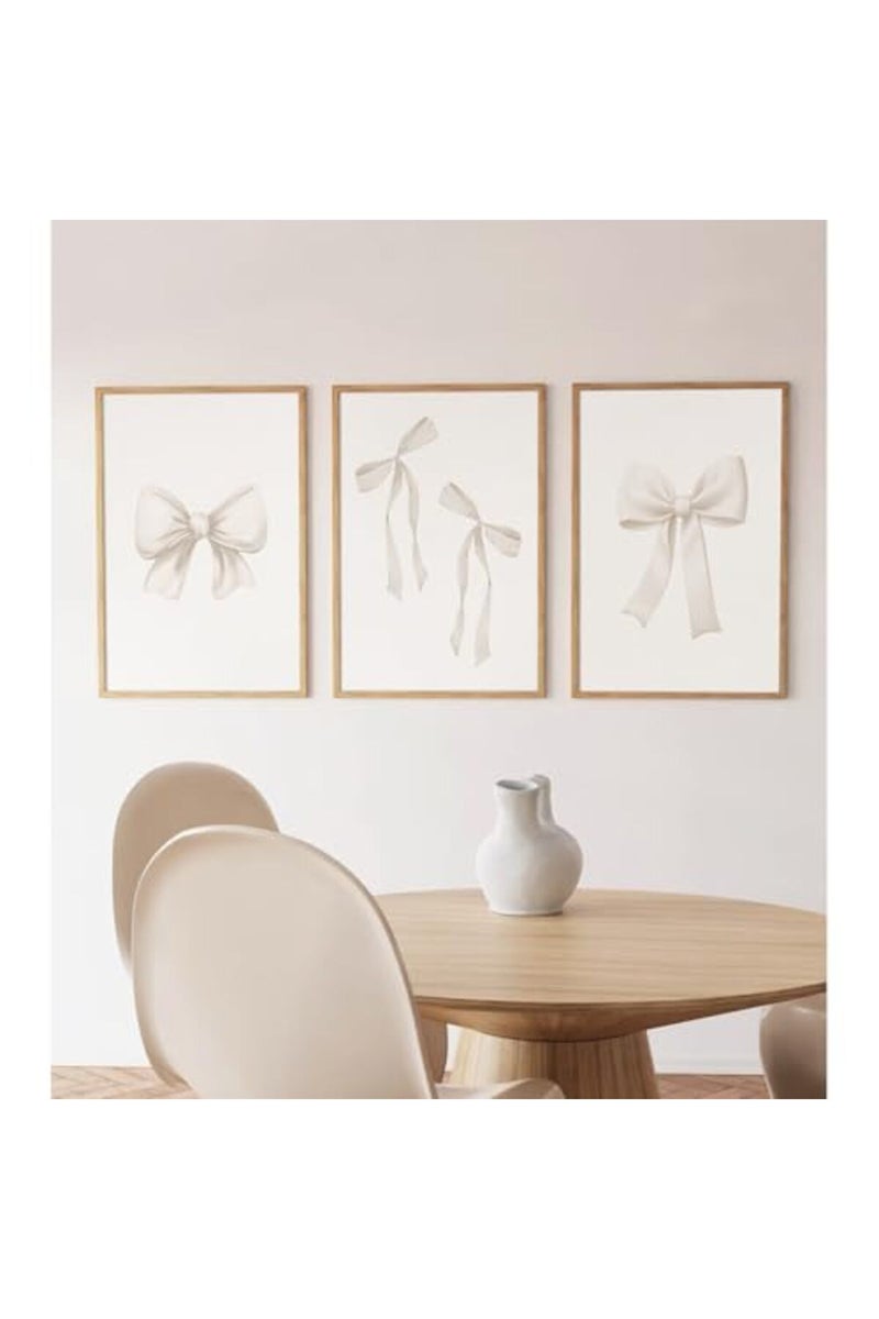 Baccone Preppy Bow Wall Art Decor Set of 3 Beige Coquette Wall Art Aesthetic Canvas Posters - Image 2