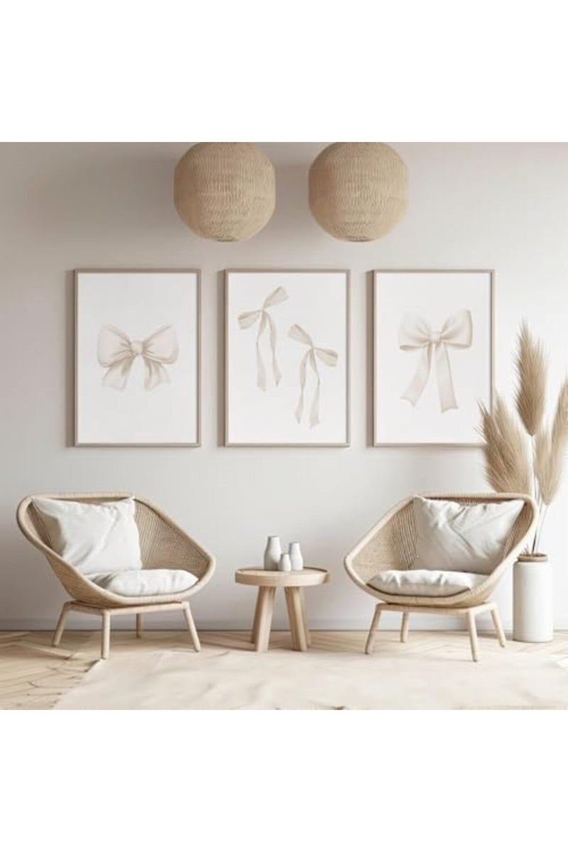 Baccone Preppy Bow Wall Art Decor Set of 3 Beige Coquette Wall Art Aesthetic Canvas Posters - Image 5