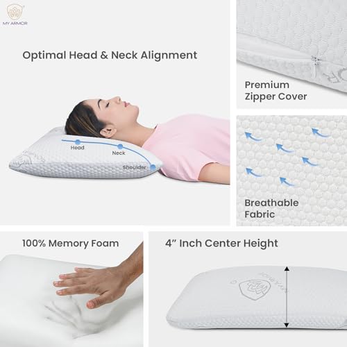 MY ARMOR Memory Foam Pillow Thin Size, 4 Inch Thin Orthopedic Pillow for Sleeping | 2 Years Warranty | with Removable Washable Jacquard Cover - Pack of 1 - Image 4