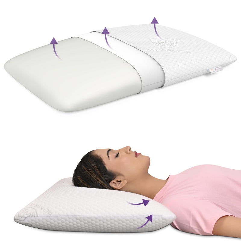 MY ARMOR Memory Foam Pillow Thin Size, 4 Inch Thin Orthopedic Pillow for Sleeping | 2 Years Warranty | with Removable Washable Jacquard Cover - Pack of 1 - Image 3