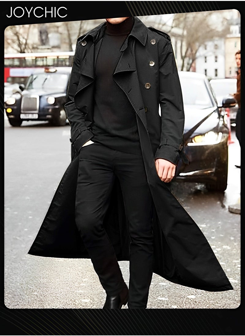 Joychic - Trendy Solid Color Autumn and Winter Long Sleeve Trench Coat for Men Epaulettes Full Length Lightweight Casual Business Walk Outdoor Windproof Warm Black - Image 1