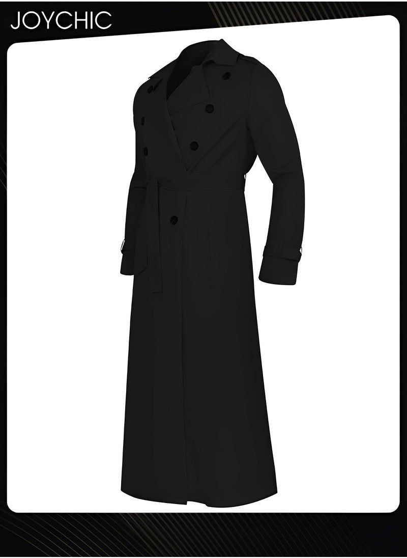 Joychic - Trendy Solid Color Autumn and Winter Long Sleeve Trench Coat for Men Epaulettes Full Length Lightweight Casual Business Walk Outdoor Windproof Warm Black - Image 1