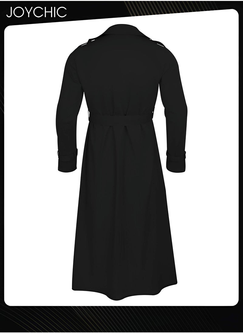 Joychic - Trendy Solid Color Autumn and Winter Long Sleeve Trench Coat for Men Epaulettes Full Length Lightweight Casual Business Walk Outdoor Windproof Warm Black - Image 1