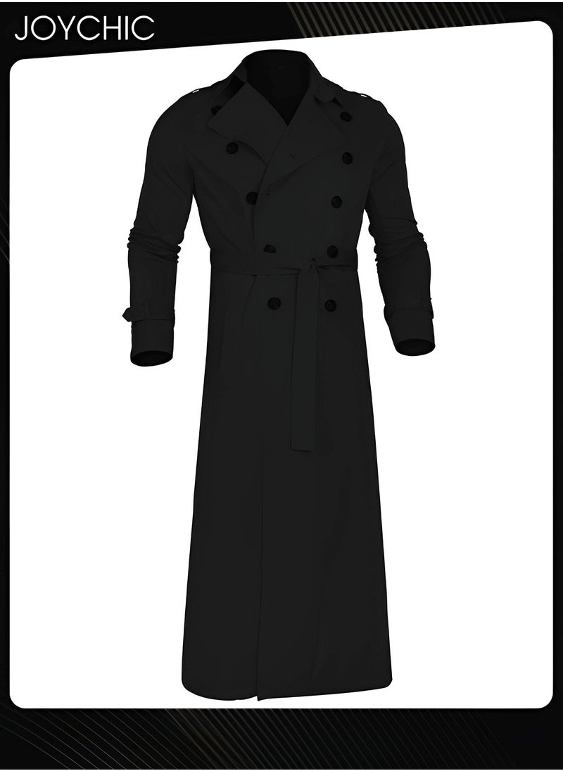 Joychic - Trendy Solid Color Autumn and Winter Long Sleeve Trench Coat for Men Epaulettes Full Length Lightweight Casual Business Walk Outdoor Windproof Warm Black - Image 1