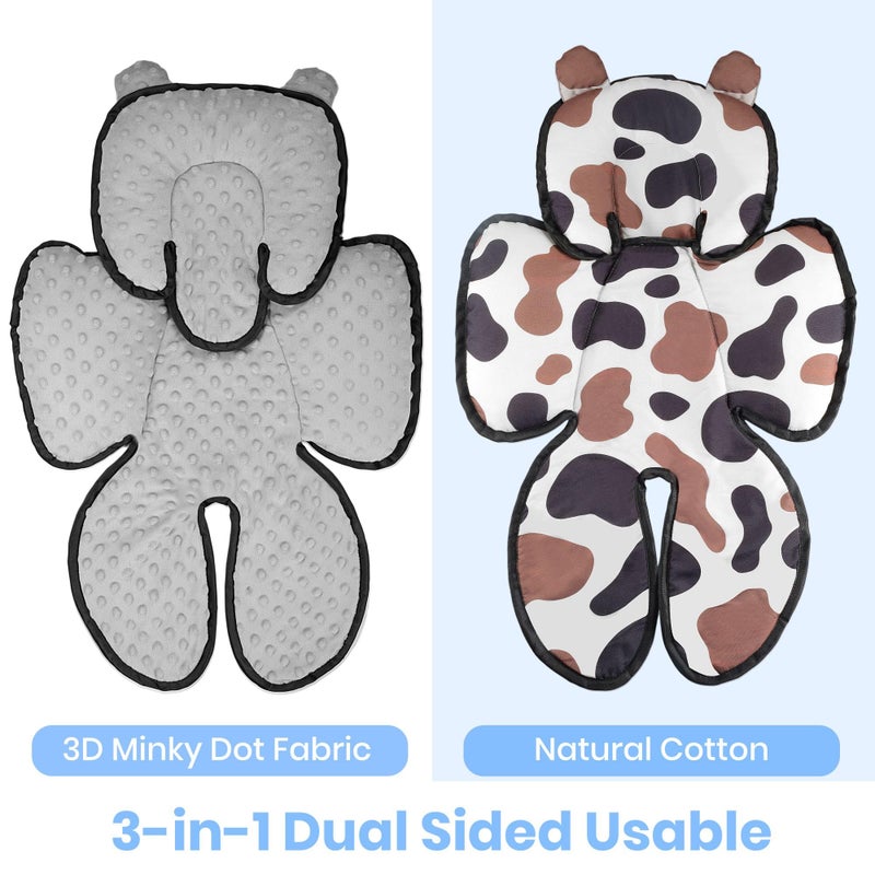 Honeau 3in1 Baby Car Seat Head Body Support,Soft Breathable Infant Car Seat Insert Newborn Boy Girl,Reversible Cotton-Minnky Carseat Head Support Pillow Cushion for Infant Stroller,Swing,Bouncer(Grey) - Image 2