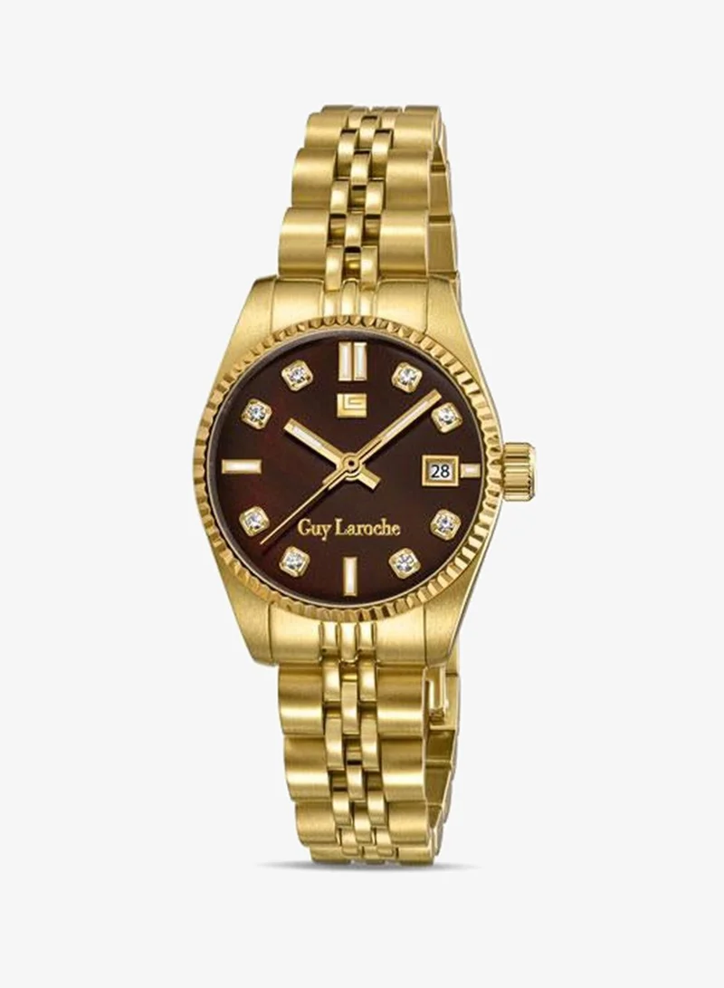 Guy Laroche Rose Brown Mother of Pearl Dial Gold Metal Bracelet Analog Watch for Women 26mm