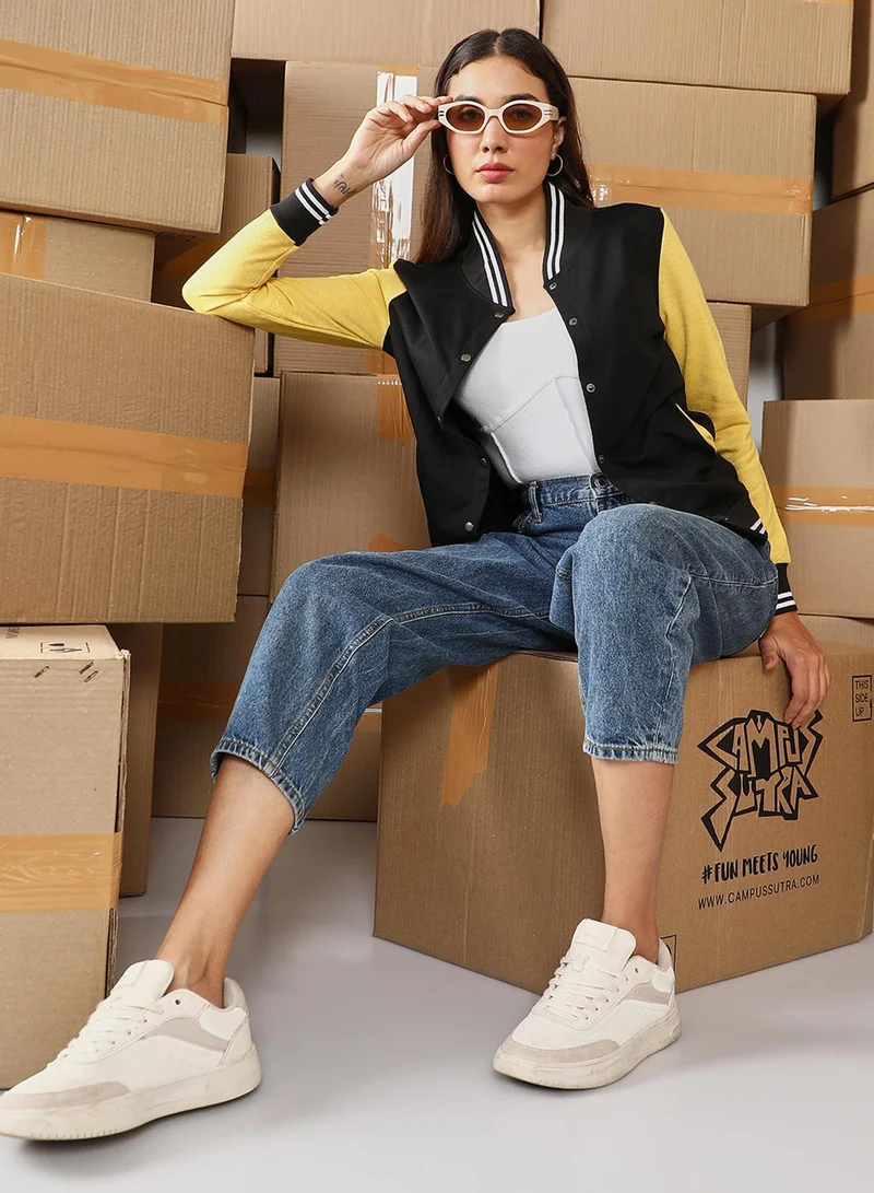Pinacolada  Women's Lemon Yellow & Onyx Black Block Bomber Jacket for Women | Best Price UAE