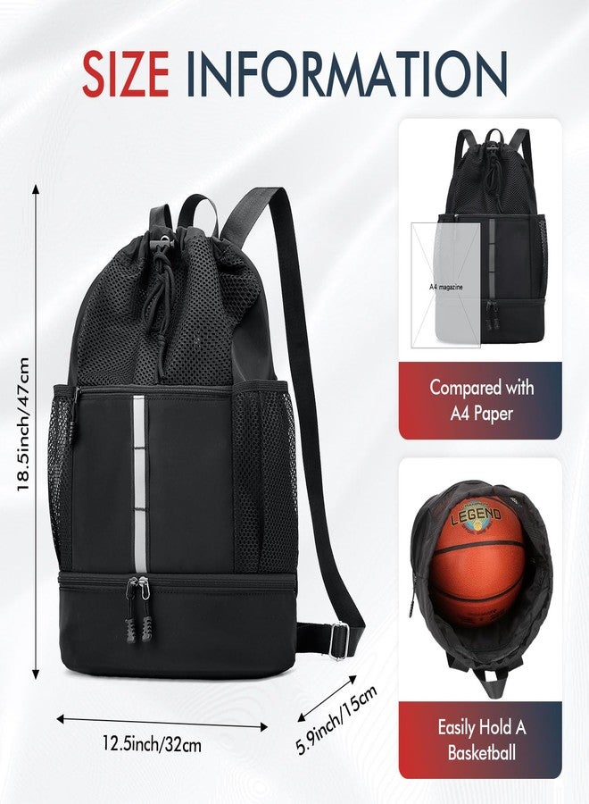 PinCute Drawstring Gym Bag for Men/Women - Mesh Beach Swim Bags Sports Backpack with Wet Pocket&Shoe Compartment, Lightweight (Black) - Image 3