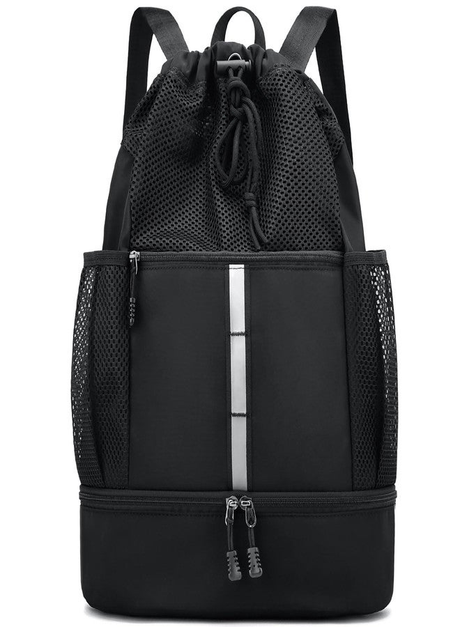 PinCute Drawstring Gym Bag for Men/Women - Mesh Beach Swim Bags Sports Backpack with Wet Pocket&Shoe Compartment, Lightweight (Black) - Image 1