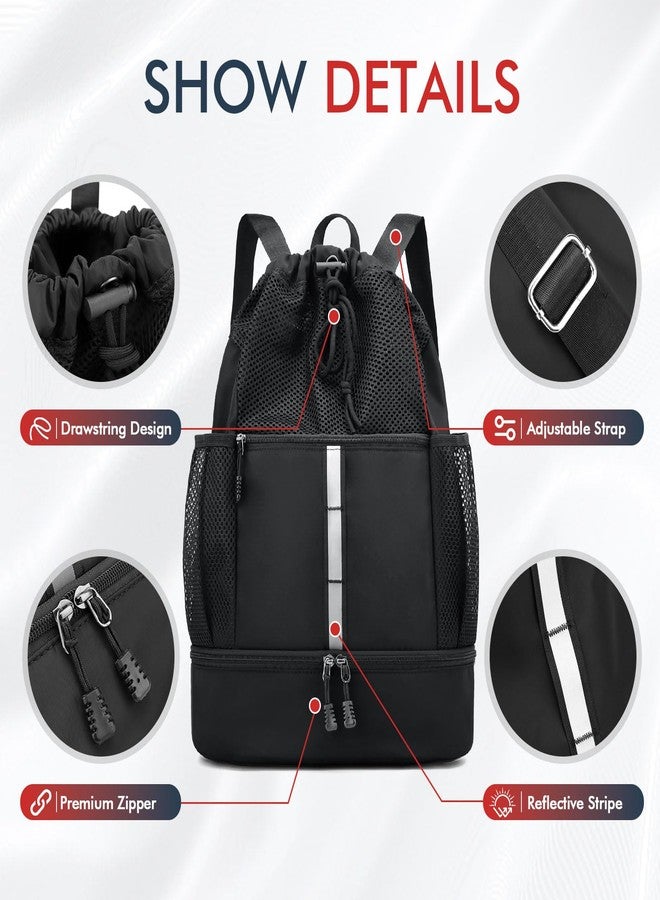 PinCute Drawstring Gym Bag for Men/Women - Mesh Beach Swim Bags Sports Backpack with Wet Pocket&Shoe Compartment, Lightweight (Black) - Image 5