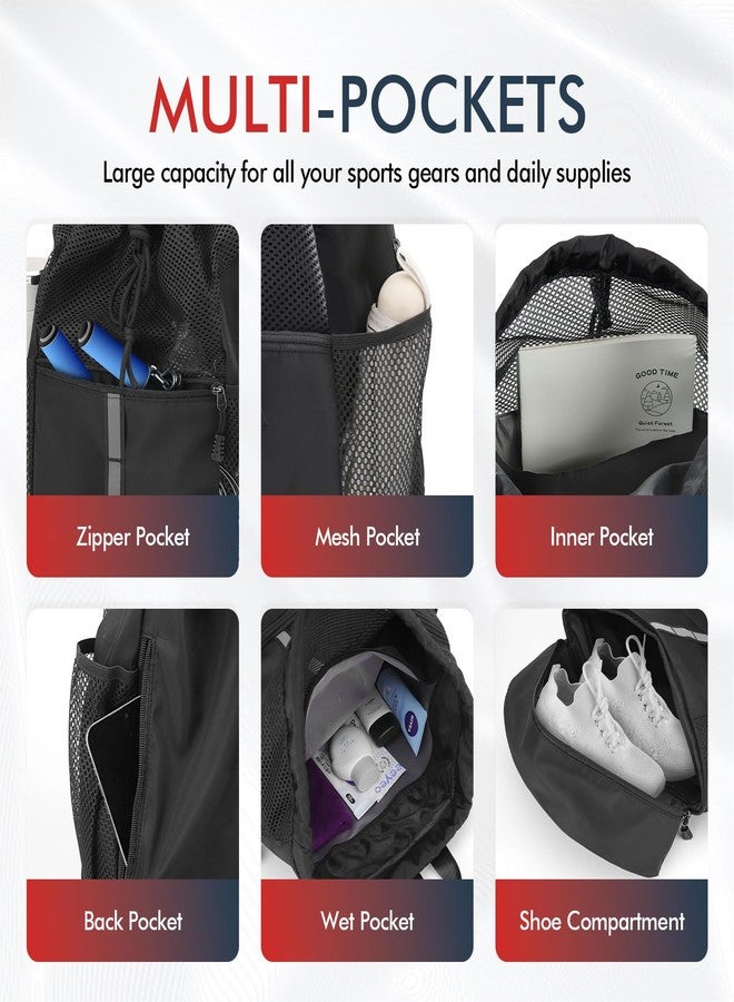 PinCute Drawstring Gym Bag for Men/Women - Mesh Beach Swim Bags Sports Backpack with Wet Pocket&Shoe Compartment, Lightweight (Black) - Image 4