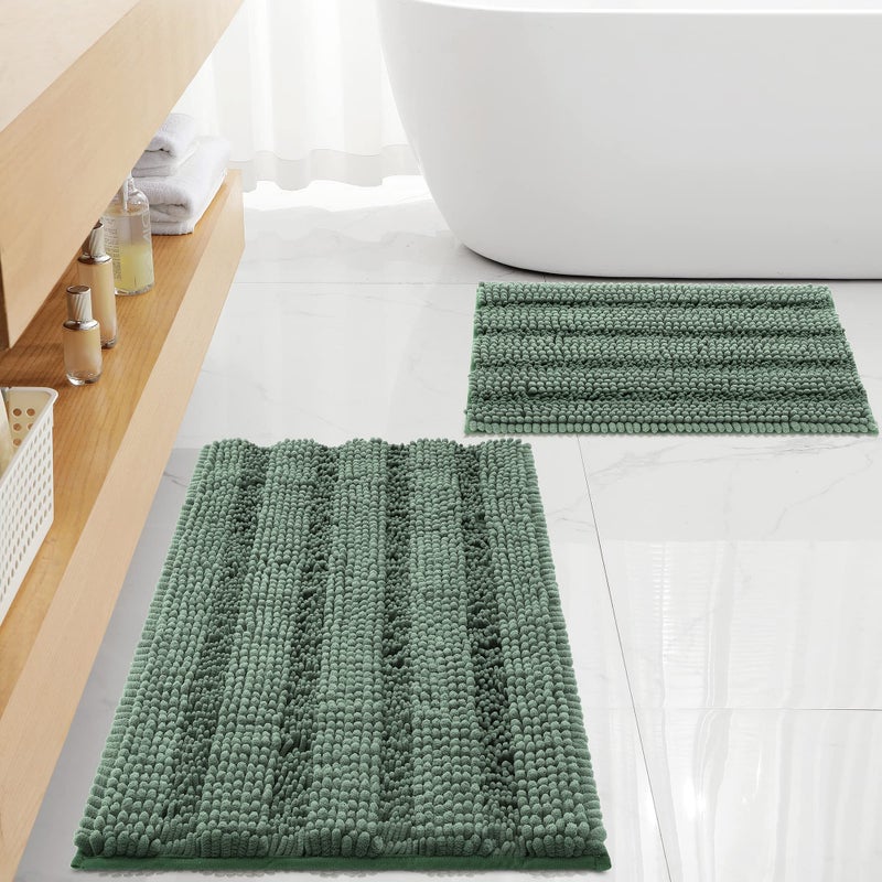 Non Slip Thick Shaggy Chenille Bathroom Rug Sets 2 Piece Thickened Hot Melt Rubber Bottom Bath Mats for Bathroom Bath Rugs Quick Dry Machine Washable for Shower Sage Green 32x20 Plus 17x24