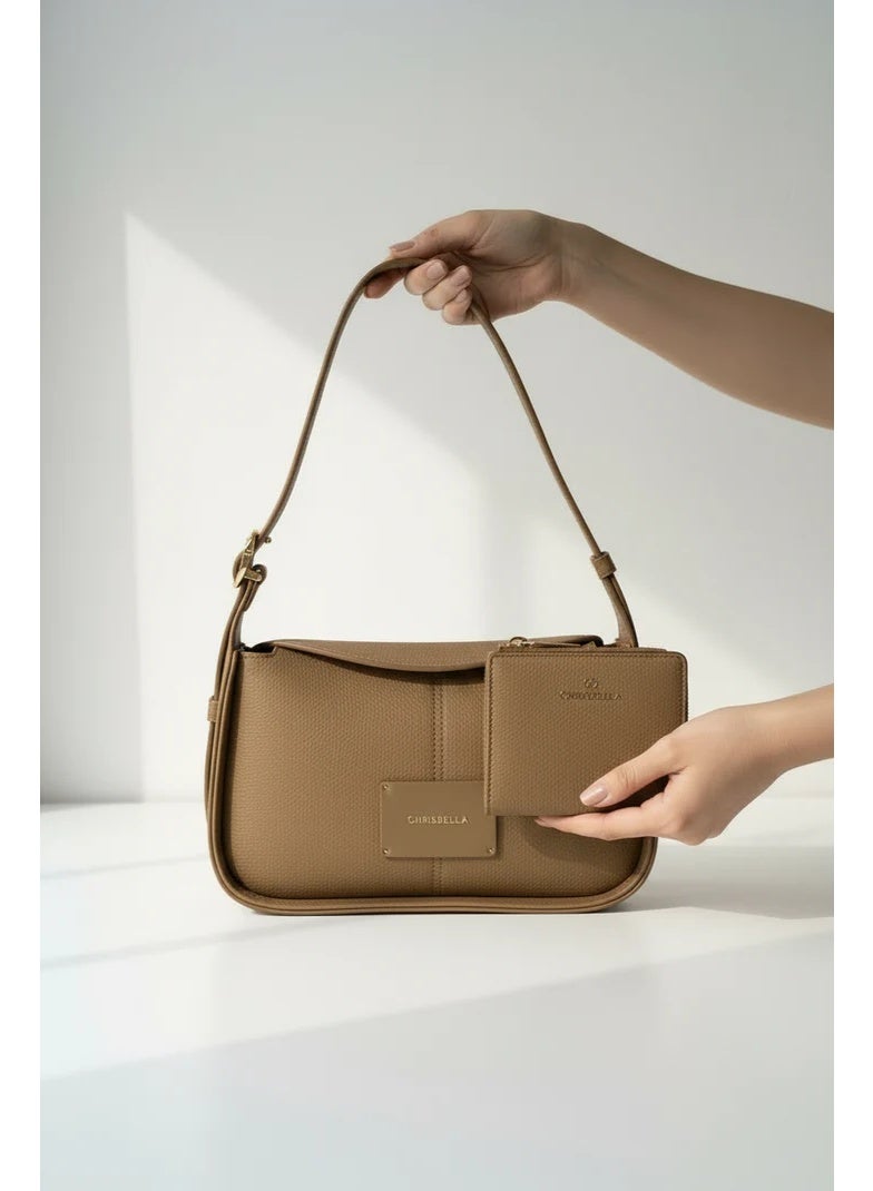 Chrisbella Taupe Olive Brown Luxury Shoulder Bag with Adjustable Sling & Matching Wallet – Elegant Textured Hobo Bag for Women - Image 1