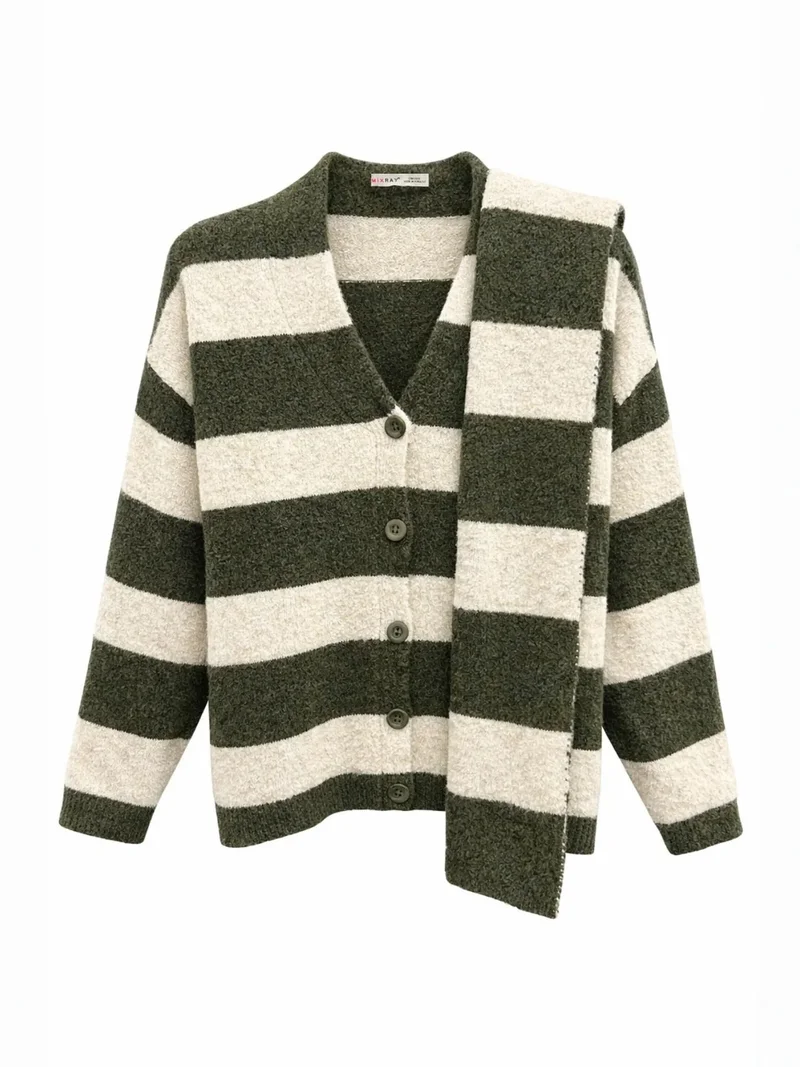 ميكسراي MIXRAY Striped Knit Cardigan with Shawl