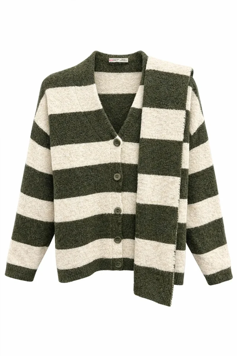 Mixray Striped V-Neck Button-Front Knit Cardigan