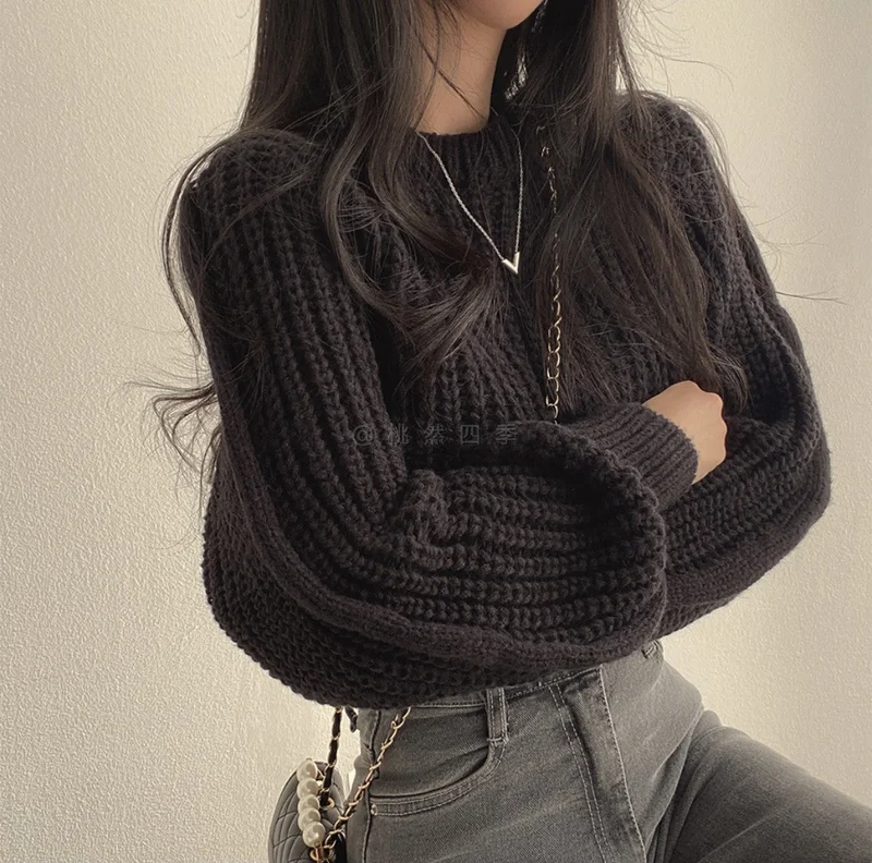 أوجيدر Black Puff Sleeve High Neck Plain Chunky Sweater