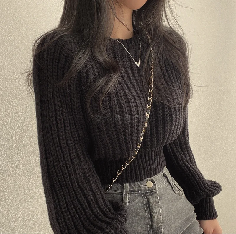 أوجيدر Black Puff Sleeve High Neck Plain Chunky Sweater