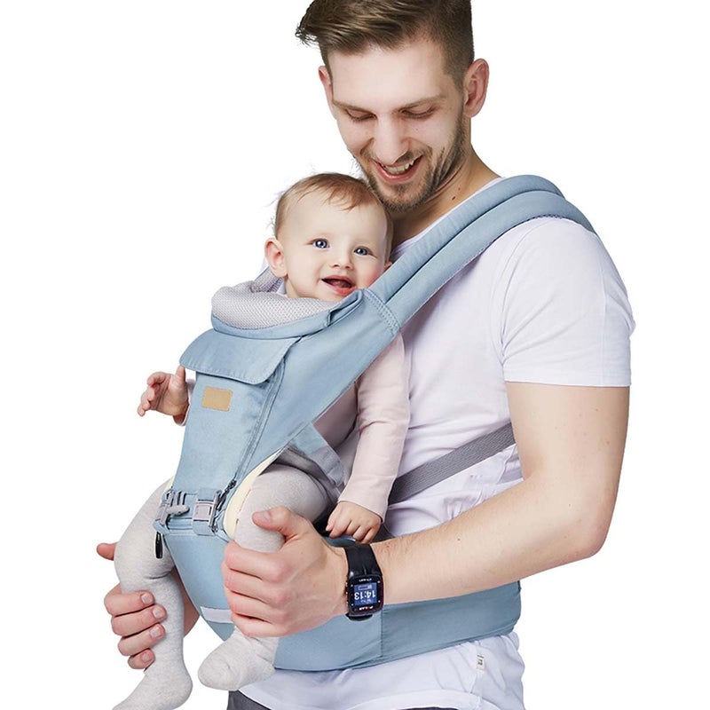 FRUITEAM 6-in-1 Baby Carrier with Waist Stool/Hip Seat for Breastfeeding, One Size Fits All - Adapt to Newborn, Infant & Toddler (Blue) - Image 1