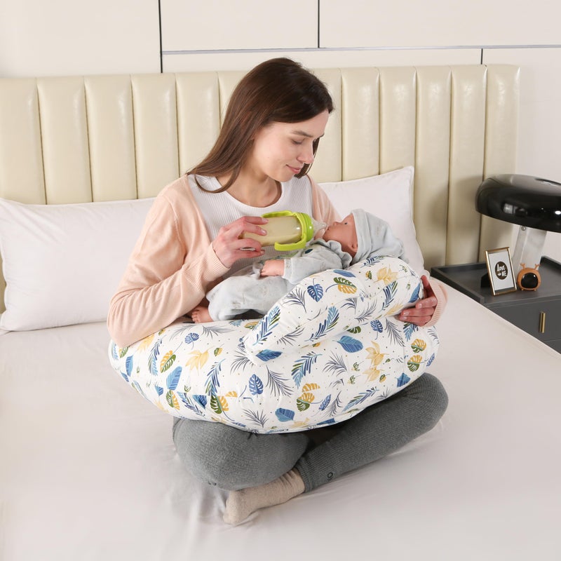 BABYLIAN Nursing Pillow for Breastfeeding,Ergonomic Baby Feeding Pillows with Removable Washable Cotton Slipcover, Adjustable Waist Strap,Plus Size,More Support for Mom and Baby(Blue Leaf) - Image 1