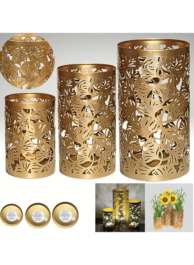 Souq DESIGNS Hurricane Candle Holder Set of 3 – Gold Tropical Leaf Metal Pillar Candle Holders | Hurricane Lantern Tealight Table Centerpiece Flower Vase | Indoor Outdoor Ramadan Home Decor Gift - Image 3