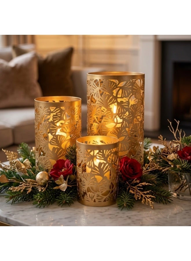 Souq DESIGNS Hurricane Candle Holder Set of 3 – Gold Tropical Leaf Metal Pillar Candle Holders | Hurricane Lantern Tealight Table Centerpiece Flower Vase | Indoor Outdoor Ramadan Home Decor Gift - Image 1