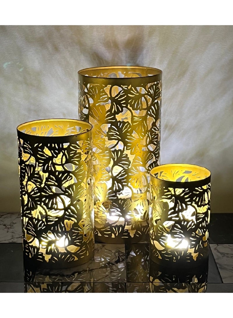 Souq DESIGNS Hurricane Candle Holder Set of 3 – Gold Tropical Leaf Metal Pillar Candle Holders | Hurricane Lantern Tealight Table Centerpiece Flower Vase | Indoor Outdoor Ramadan Home Decor Gift - Image 4