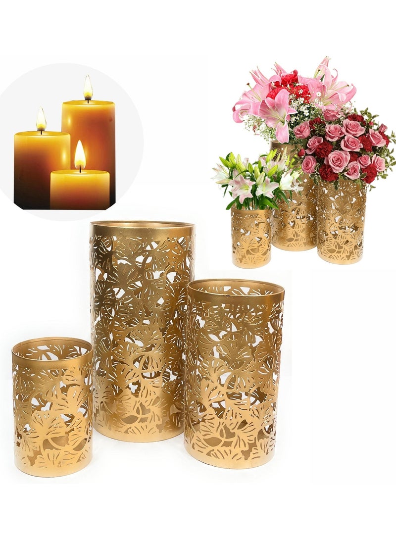 Souq DESIGNS Hurricane Candle Holder Set of 3 – Gold Tropical Leaf Metal Pillar Candle Holders | Hurricane Lantern Tealight Table Centerpiece Flower Vase | Indoor Outdoor Ramadan Home Decor Gift - Image 2