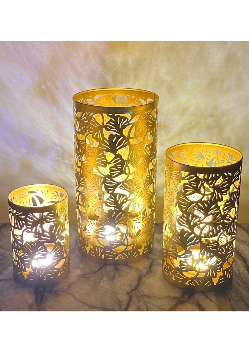 Souq DESIGNS Hurricane Candle Holder Set of 3 – Gold Tropical Leaf Metal Pillar Candle Holders | Hurricane Lantern Tealight Table Centerpiece Flower Vase | Indoor Outdoor Ramadan Home Decor Gift - Image 5