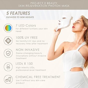 Project E Beauty Project E Beauty Skin Rejuvenation Photon Device 7 Color LED Photon Light Therapy Treatment Antiaging Acne Spot Scar Removal Smooth Wrinkles Fine Lines Tightening Facial Skin Care - Image 3