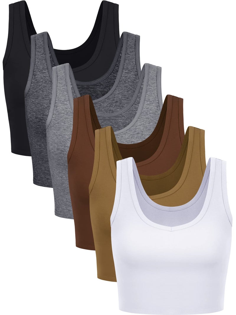 Geyoga 6 Pieces Women Basic Crop Tank Tops Sleeveless Sports Crop Top(Large,Retro Color) - Image 1
