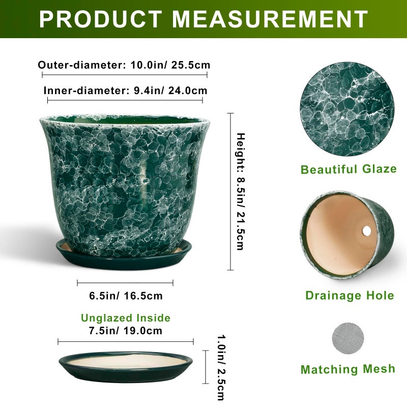 SUNPOTFOR Ceramic Plant Pots - 10 Inch Plant Pot for Indoor Outdoor, Round Planter with Drainage Hole and Tray, Decorative Flower Pots, Modern Planters, Home Patio Garden Decor, Garden Gifts, Green - Image 2