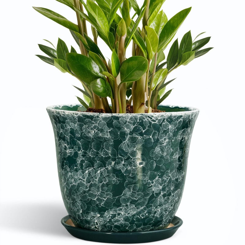 SUNPOTFOR Ceramic Plant Pots - 10 Inch Plant Pot for Indoor Outdoor, Round Planter with Drainage Hole and Tray, Decorative Flower Pots, Modern Planters, Home Patio Garden Decor, Garden Gifts, Green - Image 1