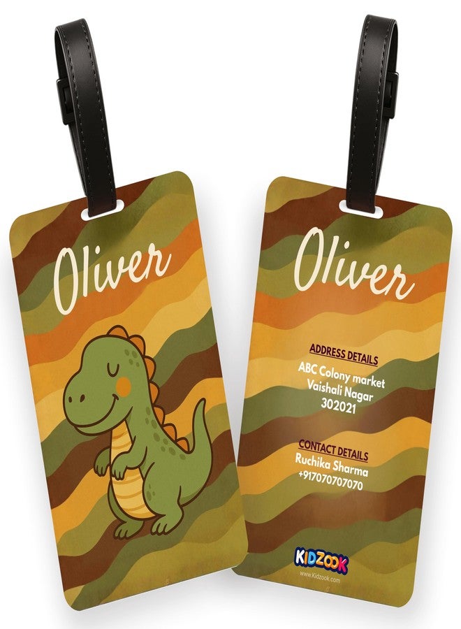 Kidzook Personalized Name Bag Tag | Custom Luggage Tag for Kids & Adults - PVC Luggage Tag for Travel, School, Office, Camping | Dino Theme Design with Silicone Strap (Pack of 1) - Image 1