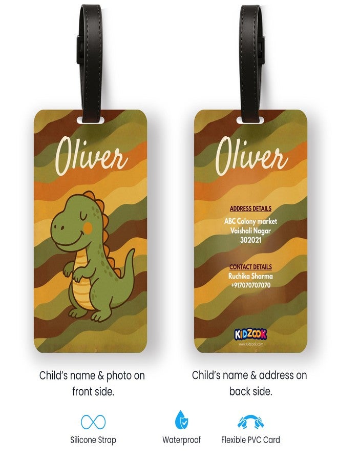 Kidzook Personalized Name Bag Tag | Custom Luggage Tag for Kids & Adults - PVC Luggage Tag for Travel, School, Office, Camping | Dino Theme Design with Silicone Strap (Pack of 1) - Image 4