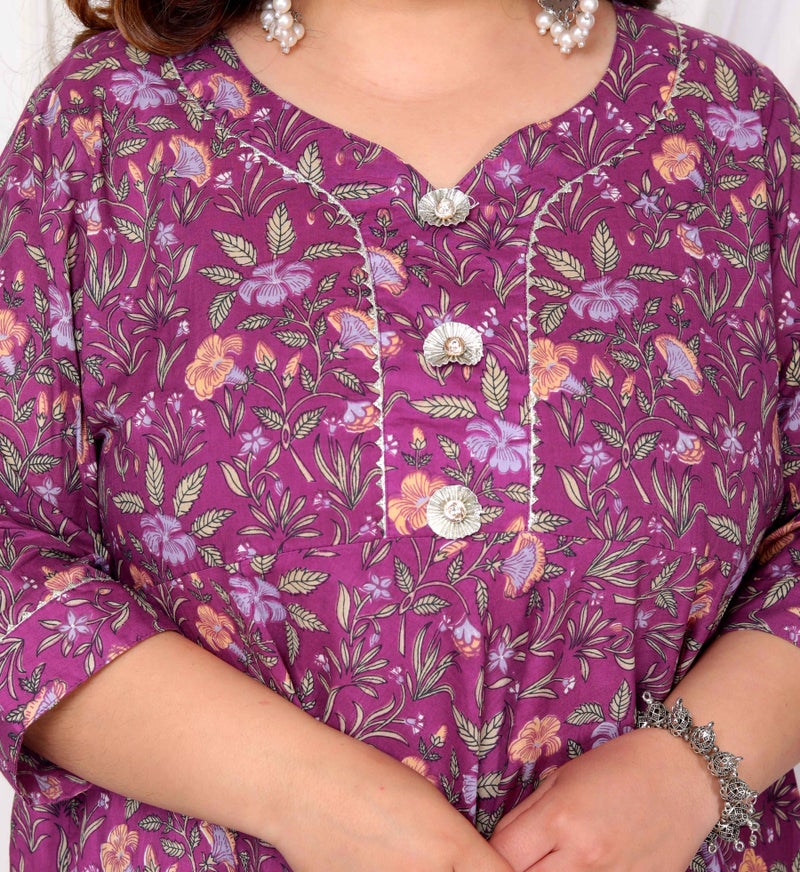 Miravan Womens Plus Size Cotton Gotapatti  Lace Border Floral Printed Purple Anarkali Kurta - Image 5