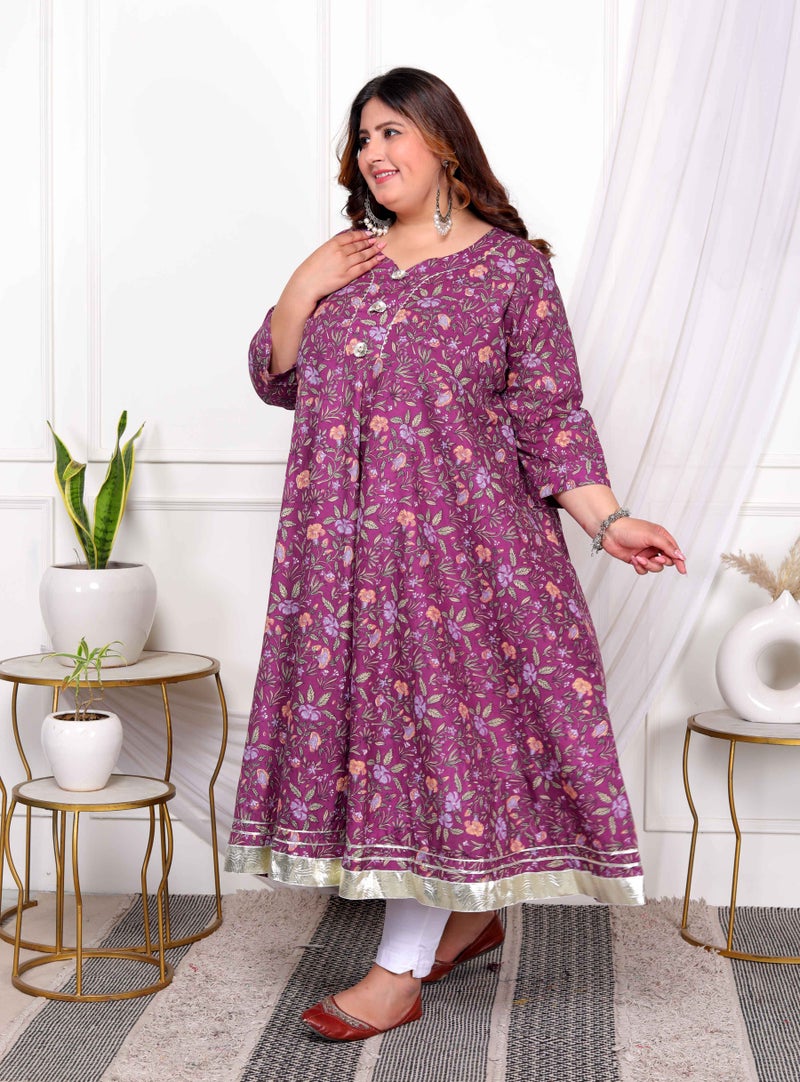 Miravan Womens Plus Size Cotton Gotapatti  Lace Border Floral Printed Purple Anarkali Kurta - Image 2