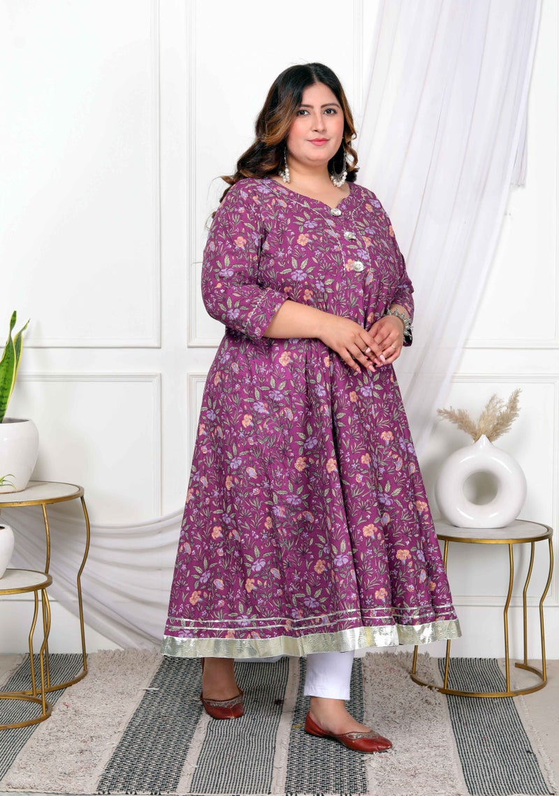 Miravan Womens Plus Size Cotton Gotapatti  Lace Border Floral Printed Purple Anarkali Kurta - Image 3