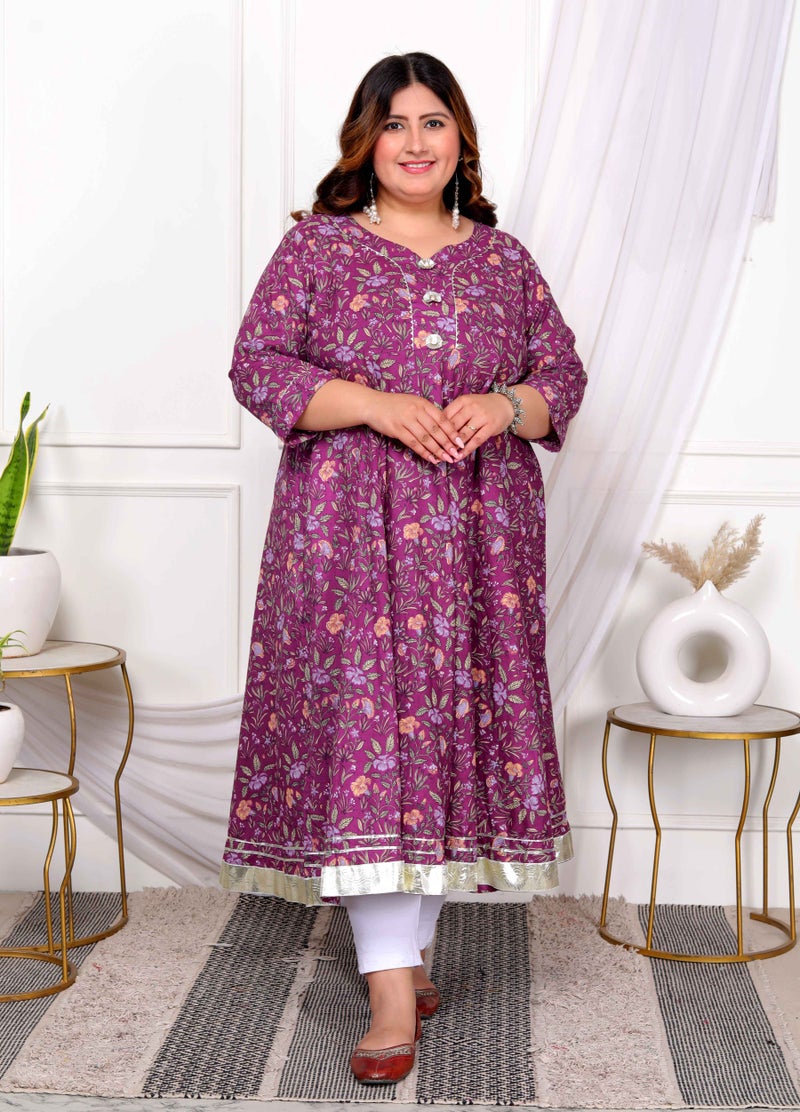 Miravan Womens Plus Size Cotton Gotapatti  Lace Border Floral Printed Purple Anarkali Kurta - Image 1