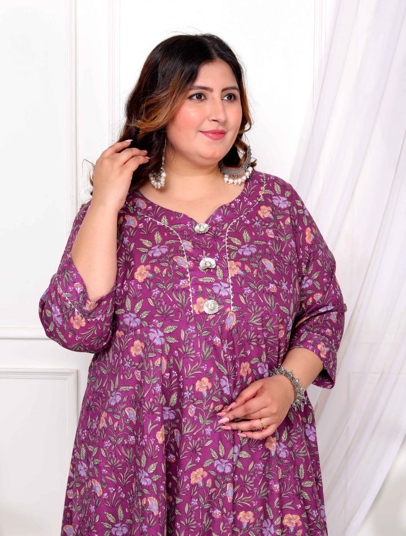 Miravan Womens Plus Size Cotton Gotapatti  Lace Border Floral Printed Purple Anarkali Kurta - Image 4