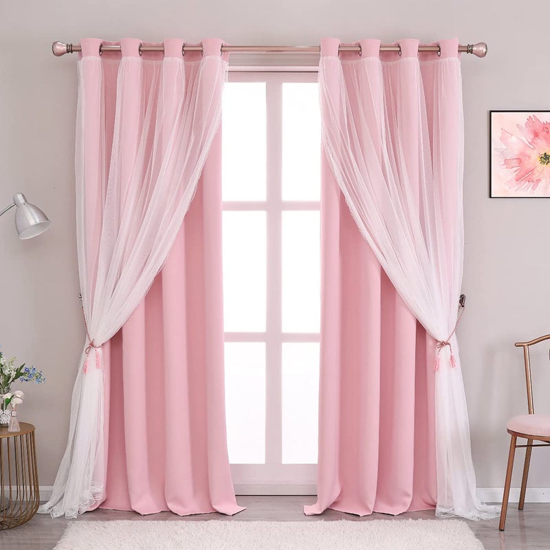 SOFJAGETQ Blackout Sheer Curtains Set  Double Layers Stylish Mix  Match Elegance White Crushed Voile x Blackout Curtains with TieBacks for Nursery Bedroom 52 by 108 inches Light Pink 2 PCs